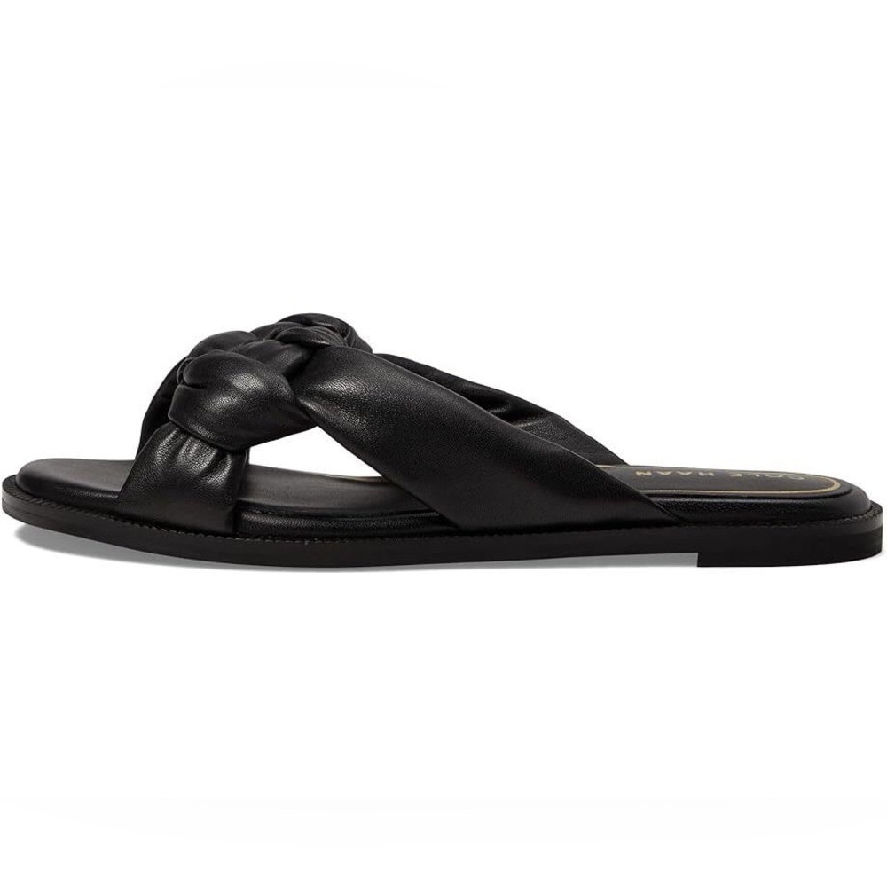 Cole Haan Anica Black Leather Open Toe Knotted Strap  Slip On Flat Slides Sandal